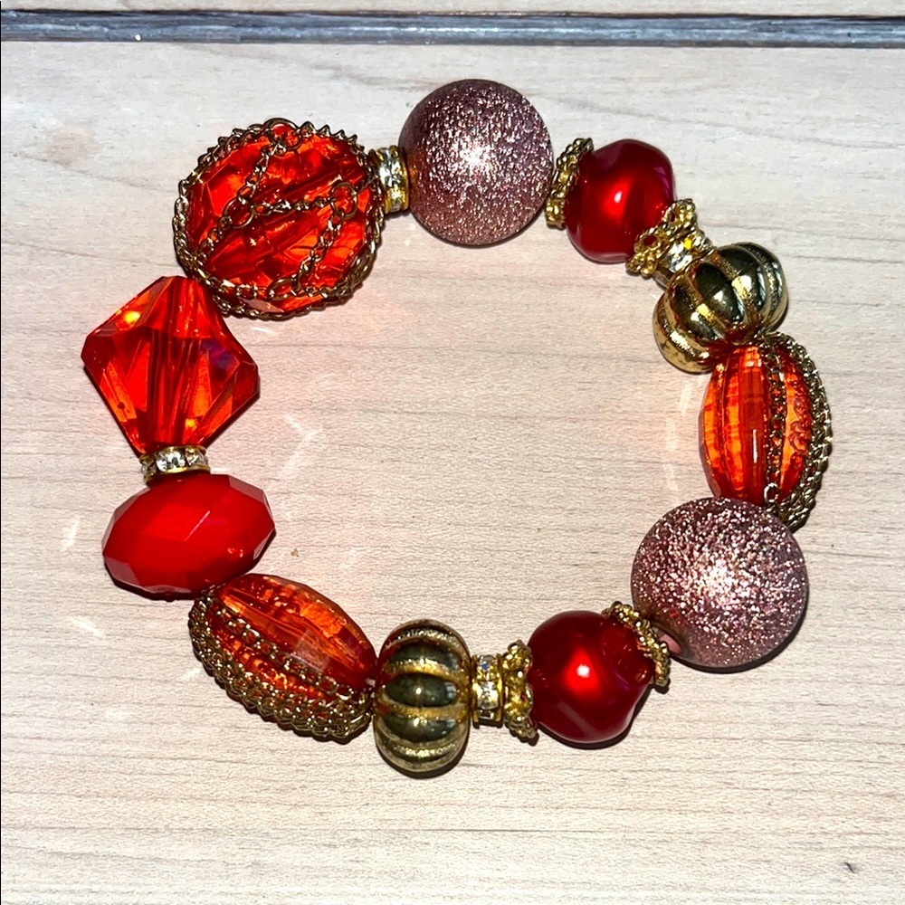 🇺🇸 Red, pink and gold tone chunky stretch bracelet